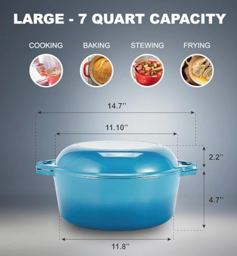 [FREE SHIP] NEW Bruntmor 7QT Dutch Oven 2-in-1 Skillet – Enameled Cast Iron BLUE