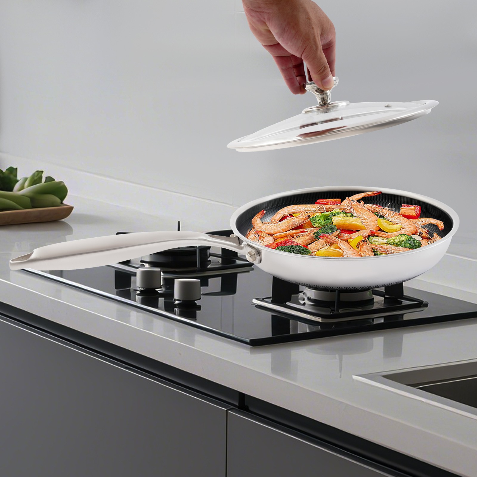 Stainless Steel Frying Pan, Frying Pan [316 Double-sided Full Screen+glass Cover