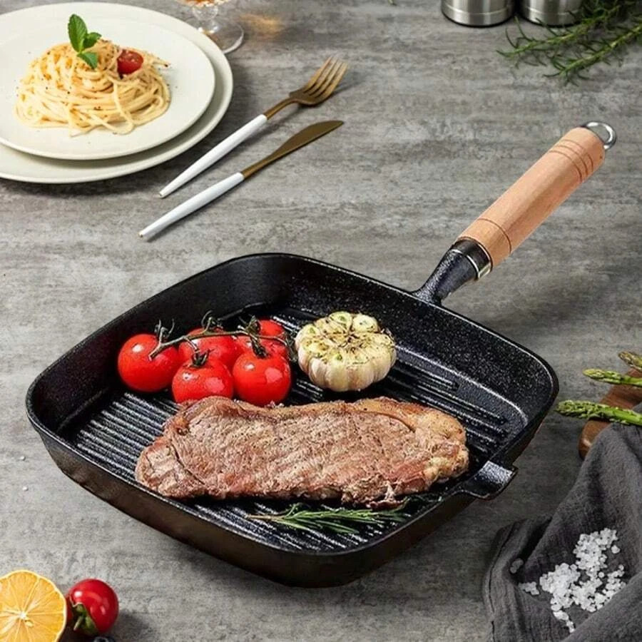 Cast Iron Grill Pan Steak Frying Skillet Wooden Handle BBQ Camping Kitchen