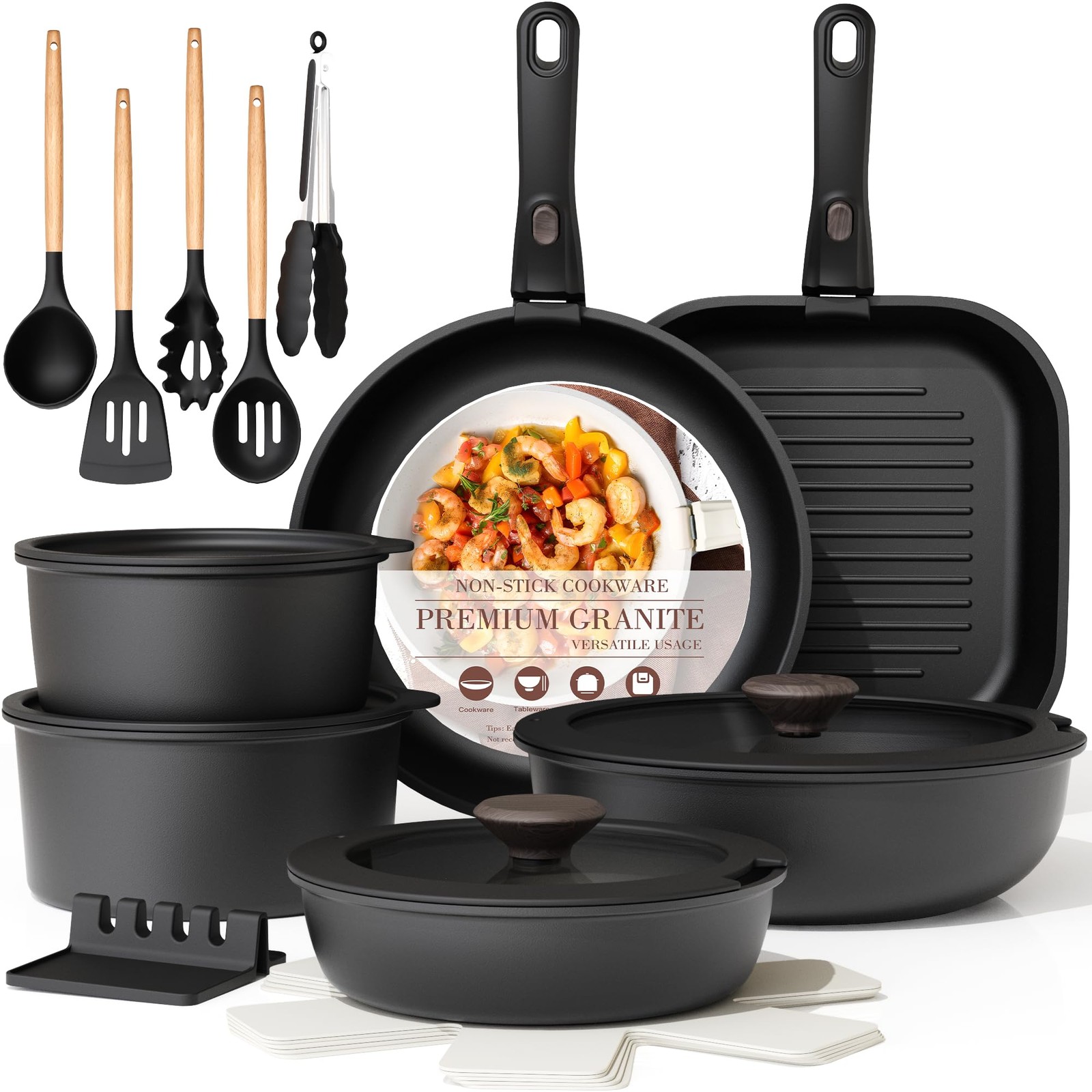 Astercook Non Stick RV Pots and Pans Ceramic Kitchen Cookware Set Black, 21 Pcs