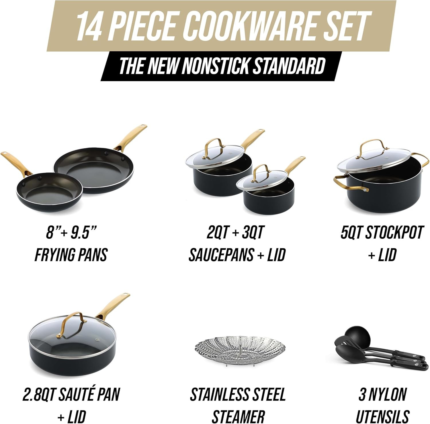Gold 14 Piece Cookware Pots and Pans Set, Induction Suitable, Diamond Infused PF