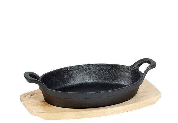 Basic Essentials 2 Piece Pre Seasoned Cast Iron Oval Sizzler Set W/ A Wood Tray