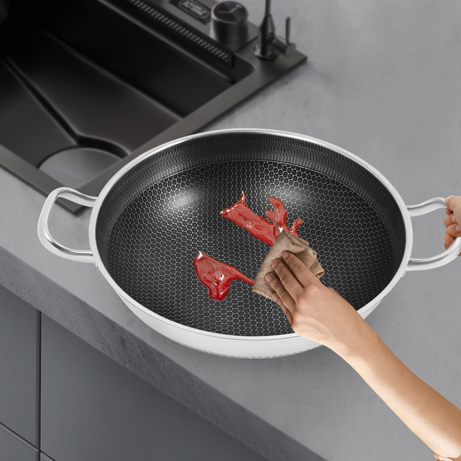 13.19in Non Stick Paella Pan Stainless Steel Frying/Cooking Pan Skillet With Lid