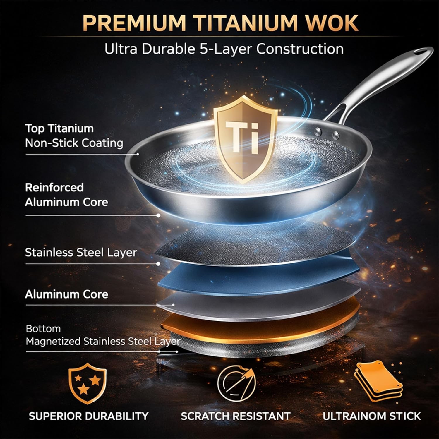 Pure Titanium Hammered Frying Pan with Lid, 12 Inch Skillet, No Coating Cookware