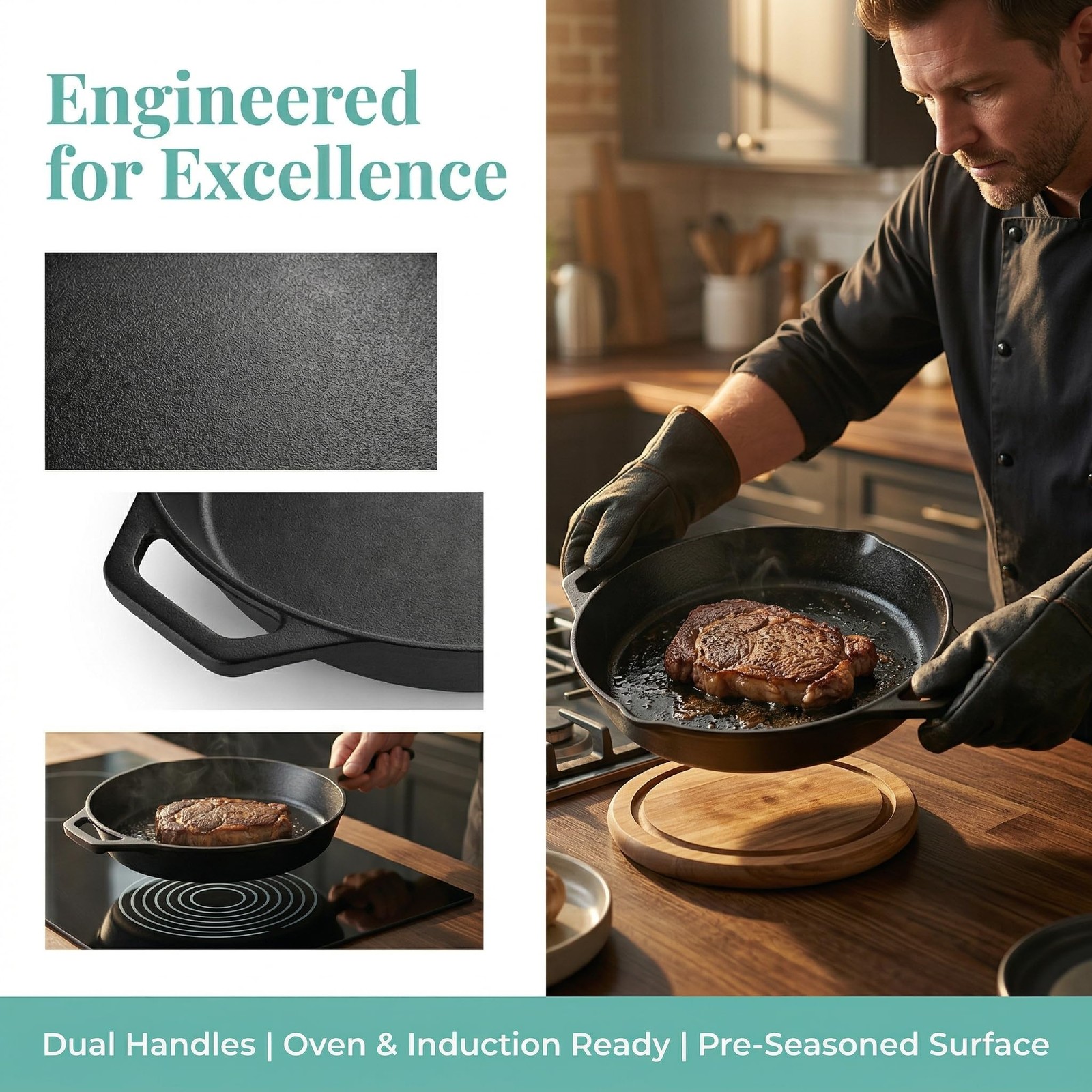 12″ Pre-Seasoned Cast Iron Skillets, 2 Handles 4L Non-Stick Frying Pan, Oven …