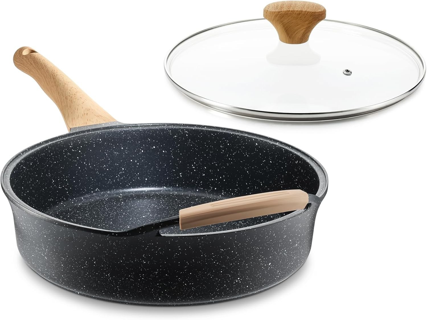 12 Inch Deep Nonstick Frying Pan with Lid 4.5 QT Swiss Granite Coating