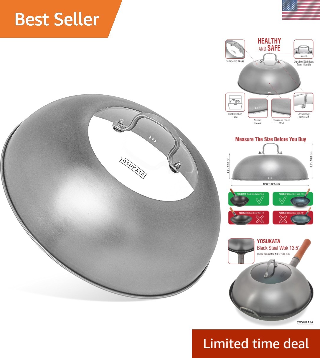 12.8-In Stainless Steel Wok Lid with Glass Insert for 13.5-In Woks