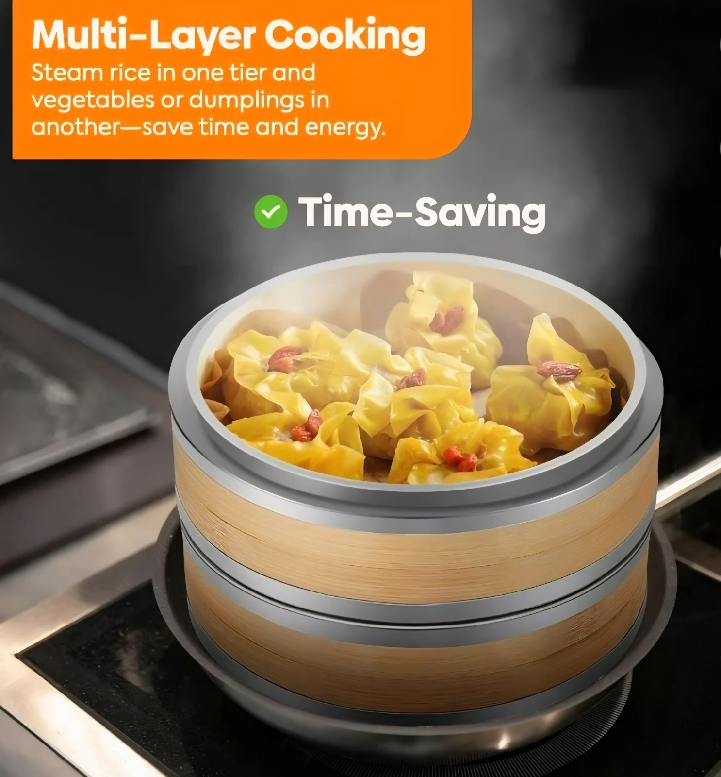 MIU 10″ 2-Tier🔥 🔥Bamboo Steamer🔥🔥 with Stainless Steel Ring Adapter and Lid