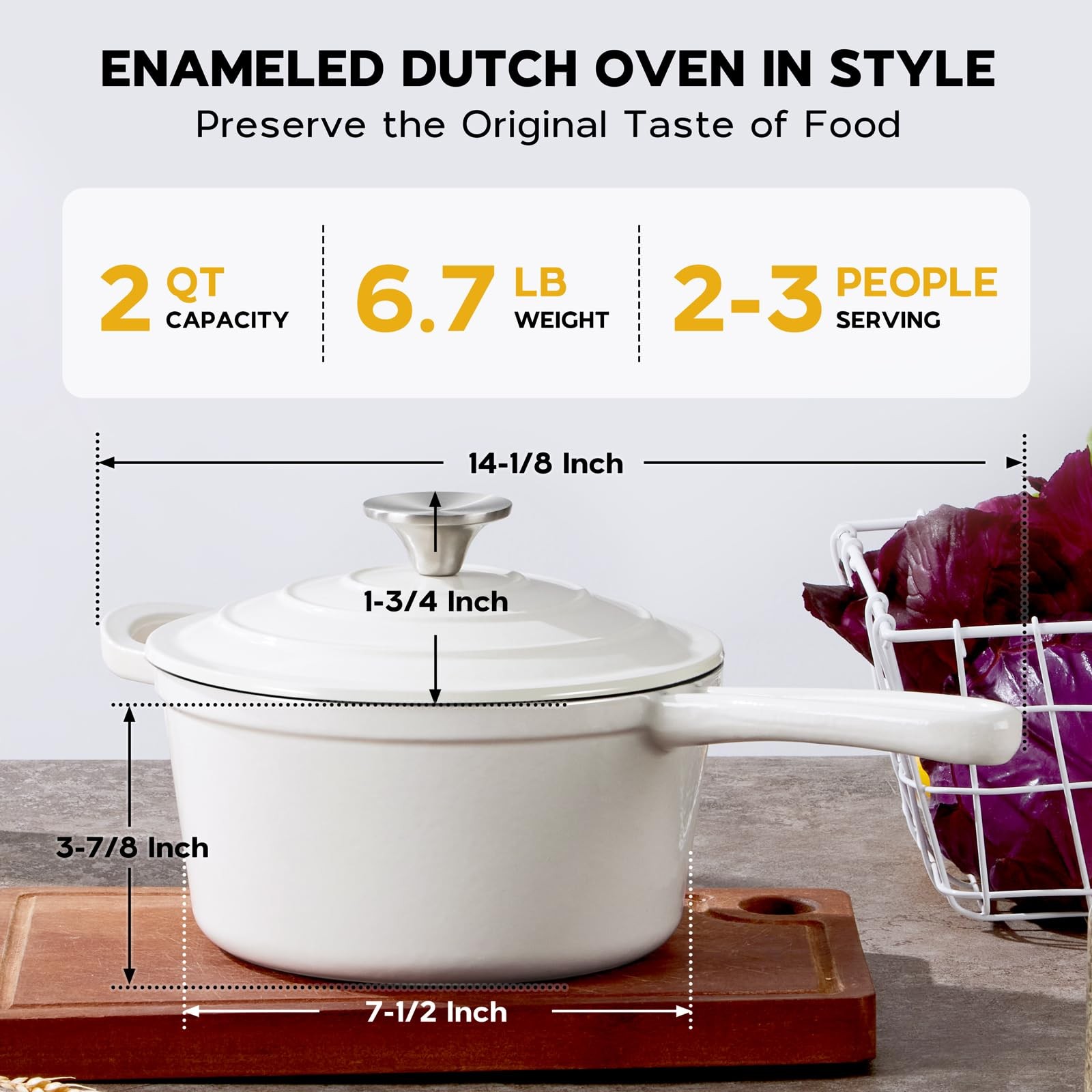Enameled Cast Iron Saucepan 2 Quart – Oven Safe 500°F, Self Basting Lid