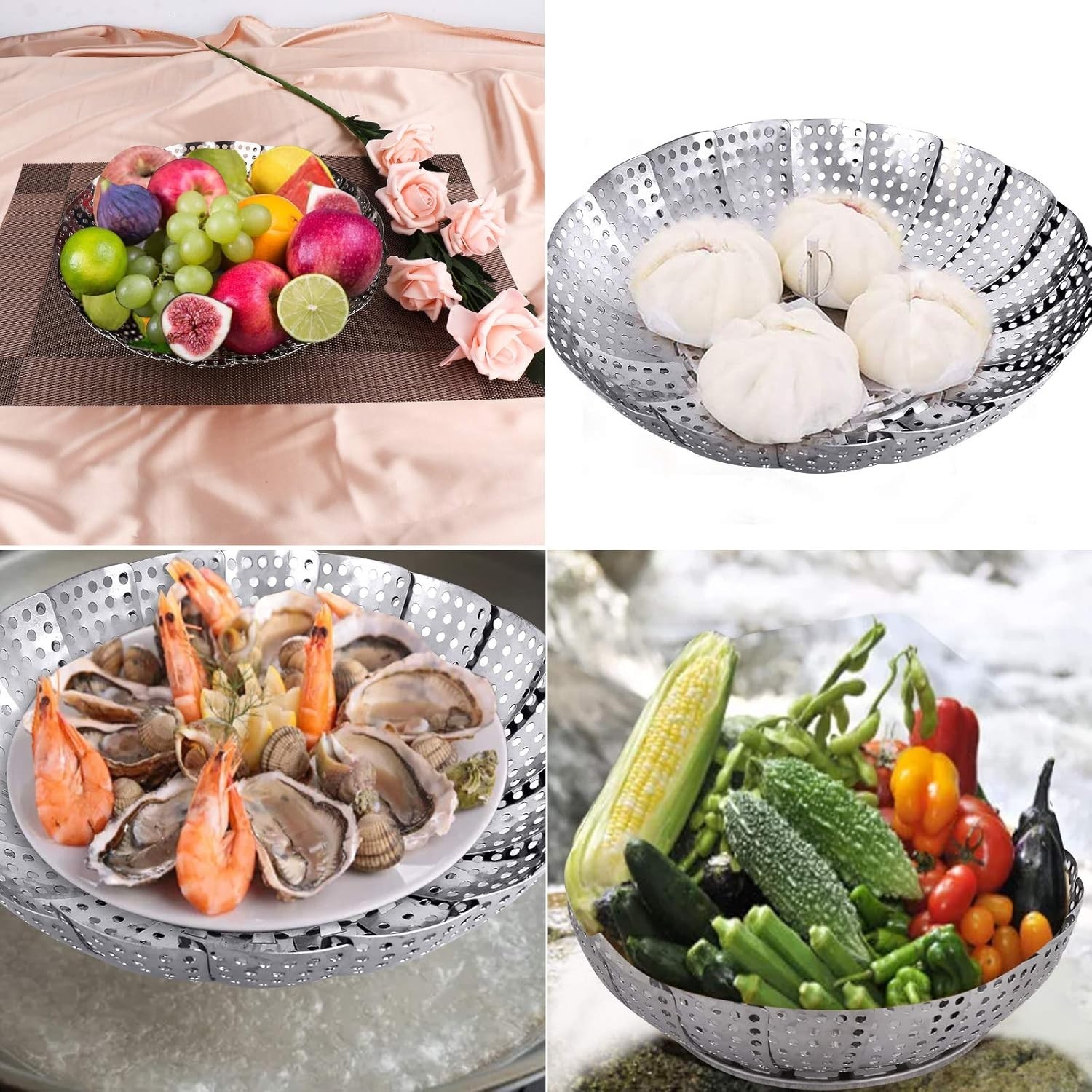 Veggie Vegetable Steamer Basket, Folding Steaming Basket, Metal Stainless Steel