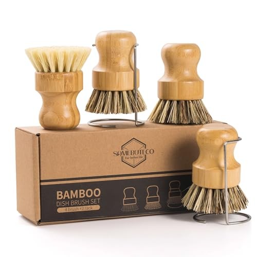 SAMEBUETCO 6-Piece Bamboo Dish Brush Set with 2 Stainless Steel Drying Racks,