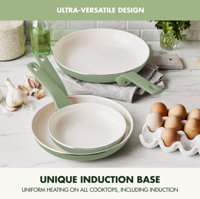 GreenPan Essence 3-Piece Fry Pan Set – 7″, 9.5″ & 11″ Ceramic Nonstick, Green