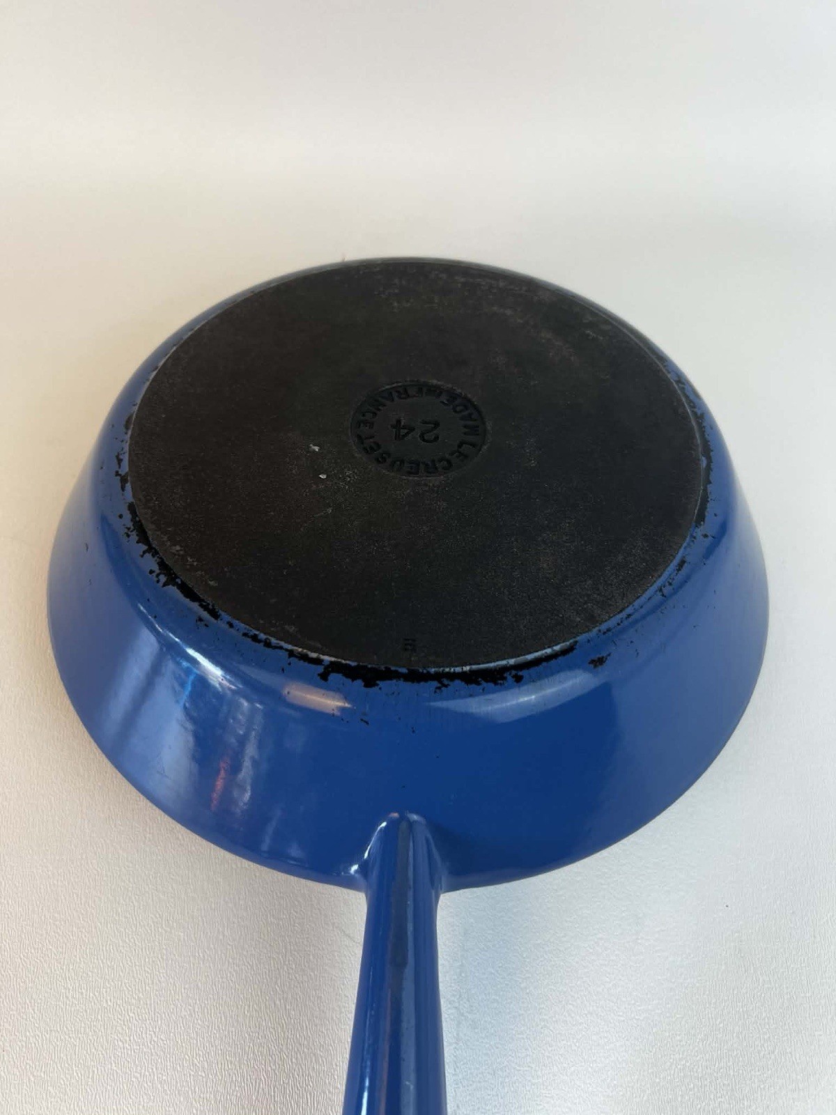 Le Creuset Cast Iron Skillet Pan #24 Blue Enamel Wood Handle
