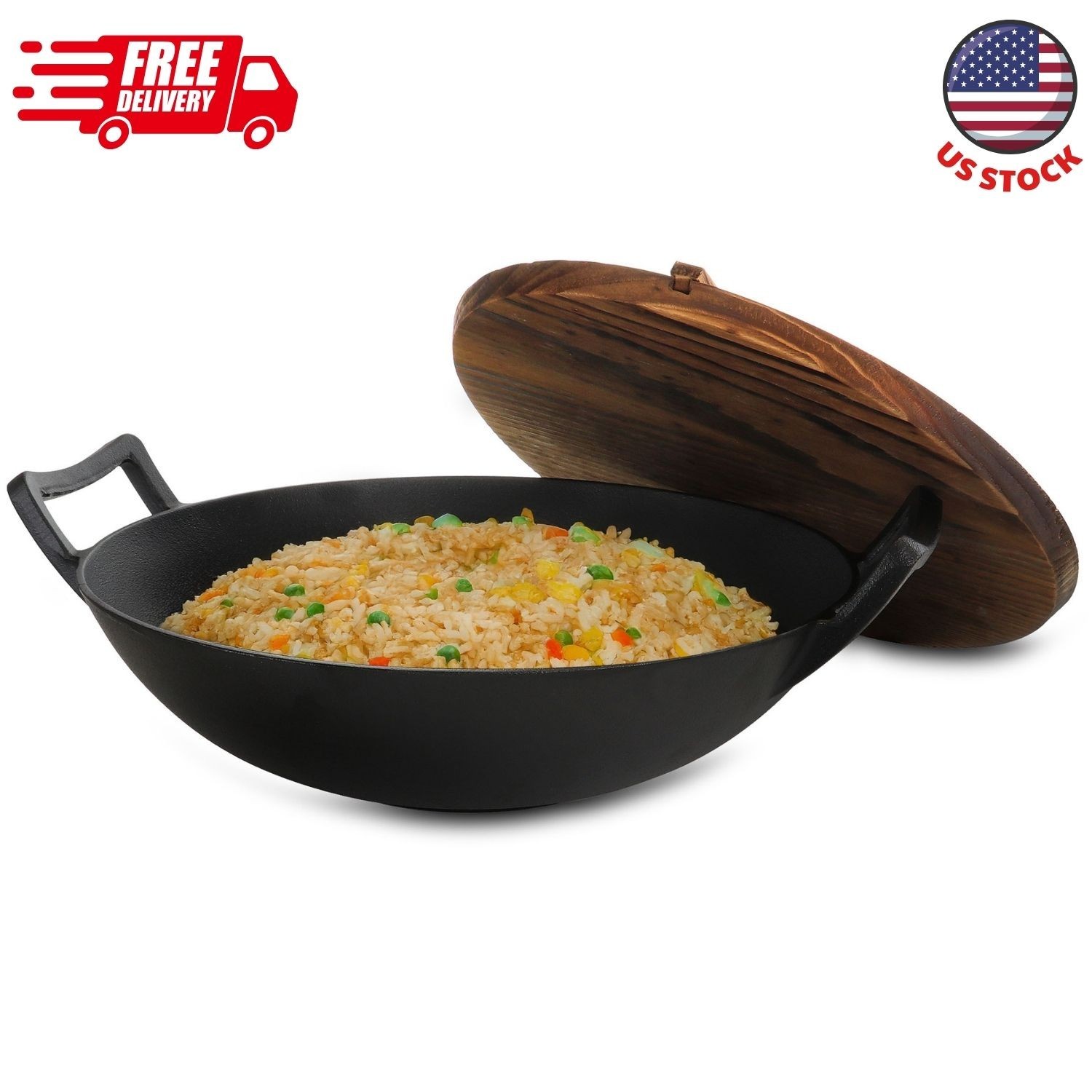 14 Inch Heavy Duty Cast Iron Wok with Wood Lid