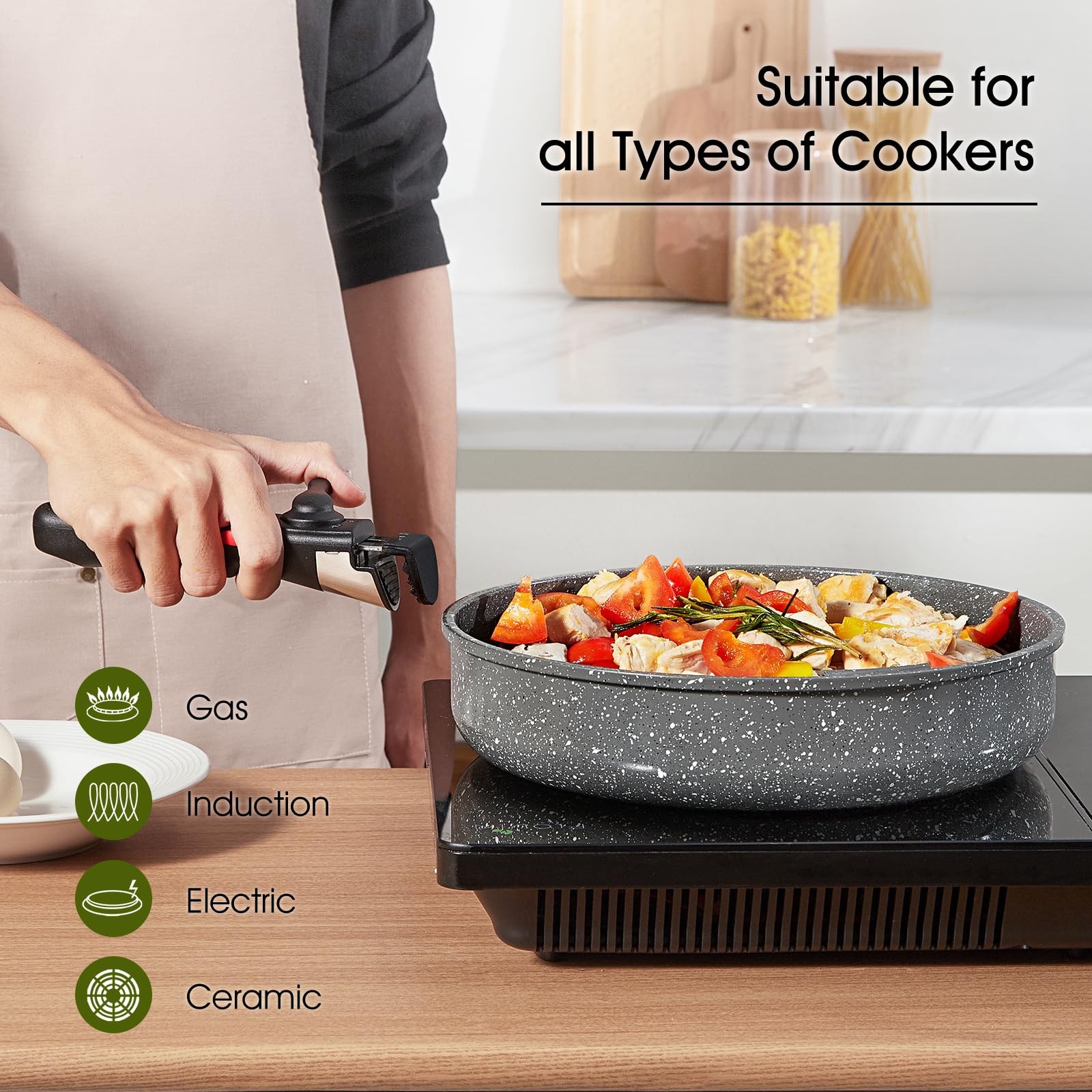 7pcs forged Aluminium Nonstick Pots and Pans Set from France with Removable Hand
