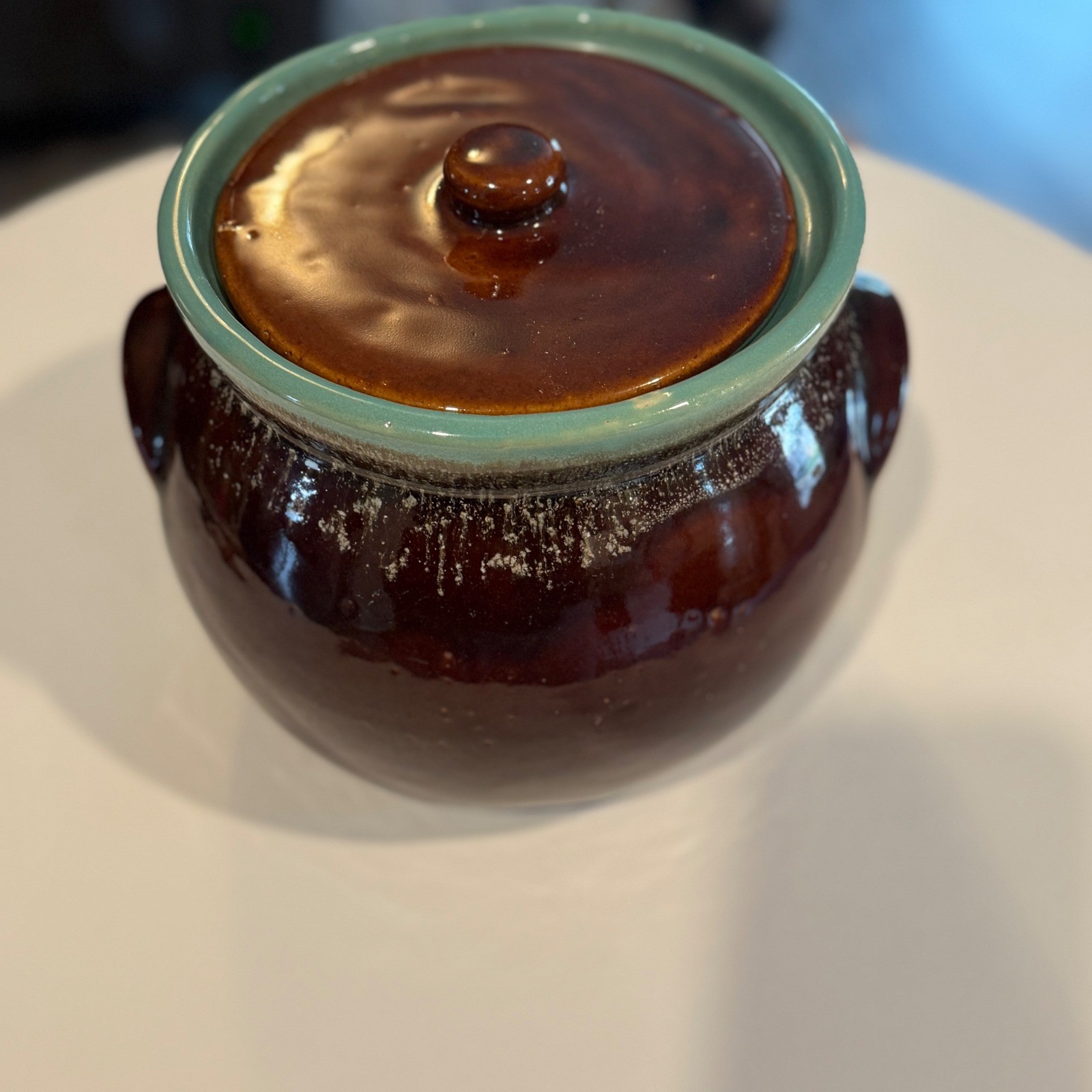 Vintage Ceramic Crock Bean Pot Jar Brown Turquoise Lid Hull Pottery ****Lid****