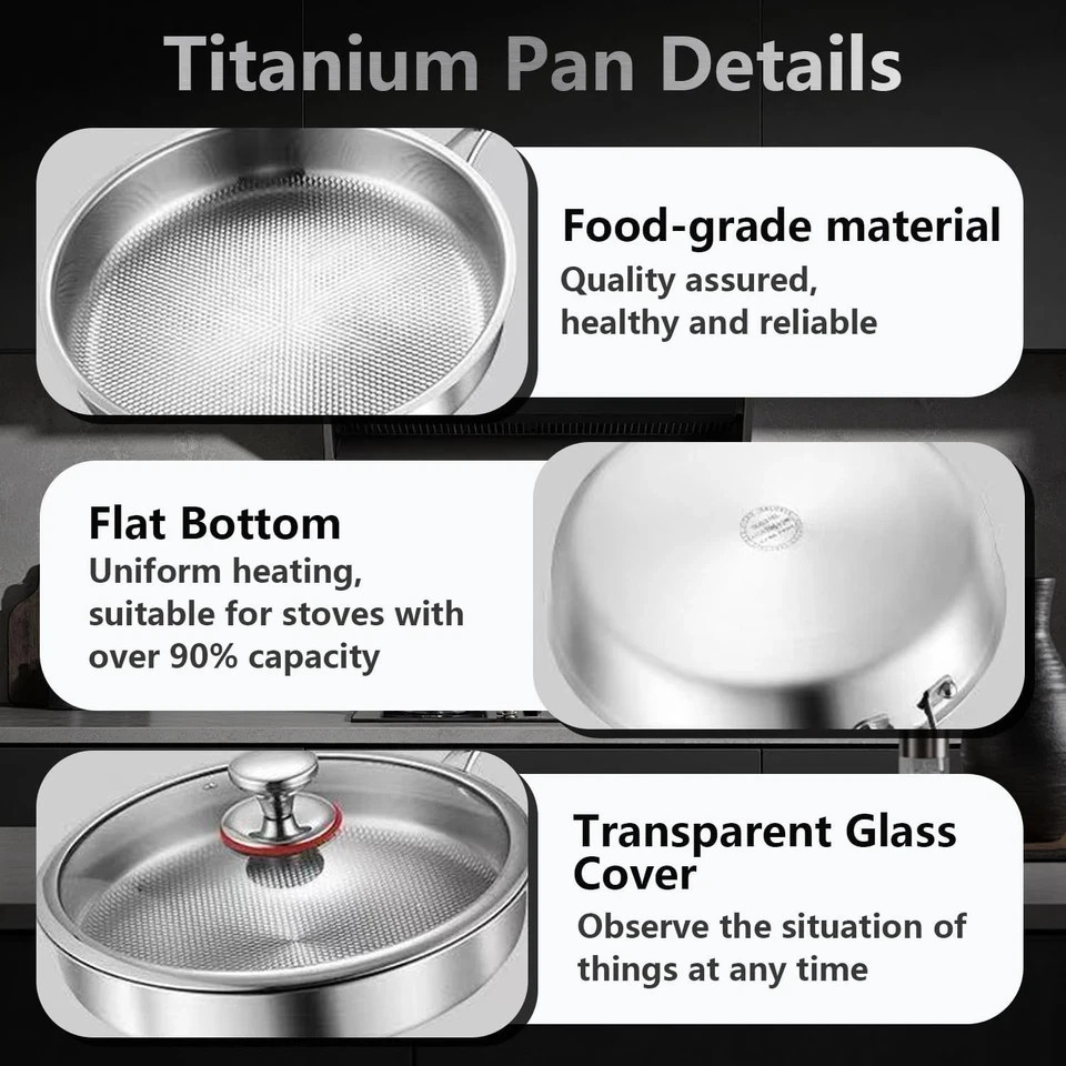 Pure Titanium Hammered Frying Pan with Lid, 12 Inch Skillet, No Coating Cookw…