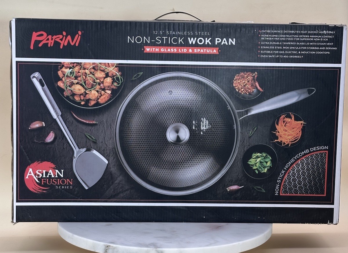 New Parini Non Stick Wok Pan W/ Glass Lid & Spatula 12.5 Stainless Steel Black