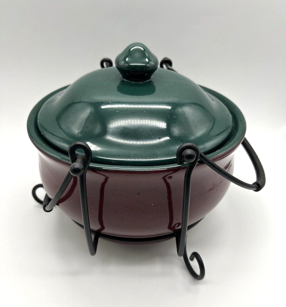 2 Qt Ceramic Dutch Oven Bean Pot w Metal Handled Stand – Burgundy Green 8.5″ Dia