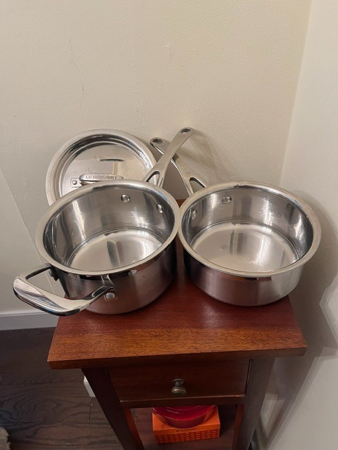 Le Creuset Stainless Steel Cookware 2 Handled Pots & 1 Lid 2 & 1.5 Qts. 3 Pieces
