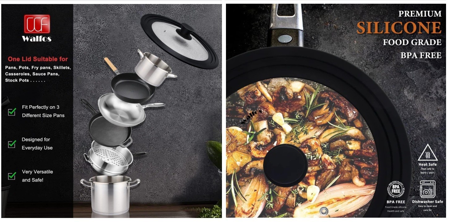 Walfos Universal Lid, Tempered Pan Lid with Heat Resistant Silicone Rim