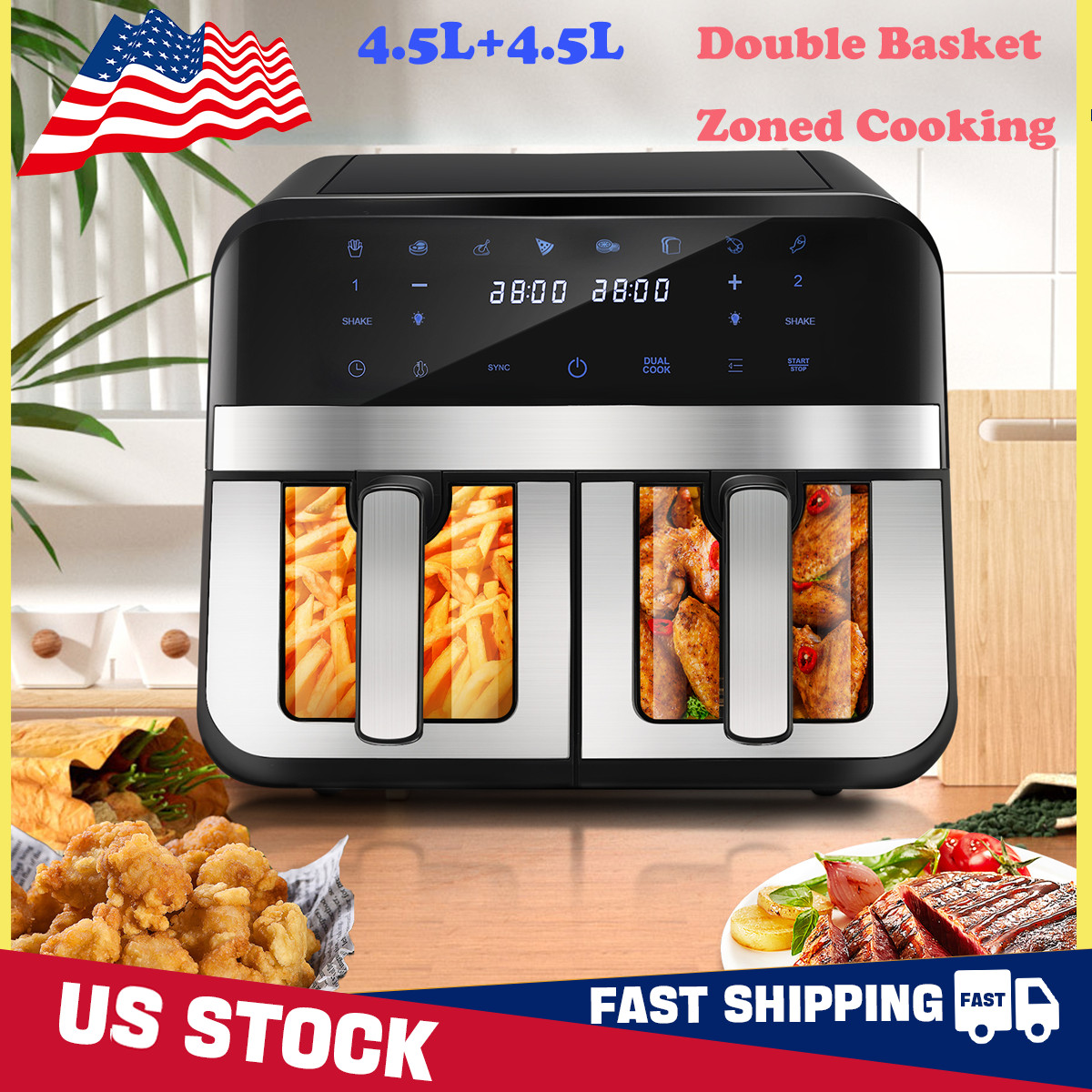 Fat 2400W Digital – Air Low Fryer Dual 80 Air Fryer Modes 9L 200°C 8 Touchscreen