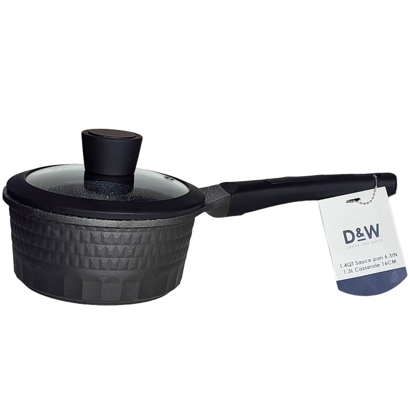D&W Premium Cookware 6.3in Saucepan Casserole Nonstick With Lid 1.4Qt Black