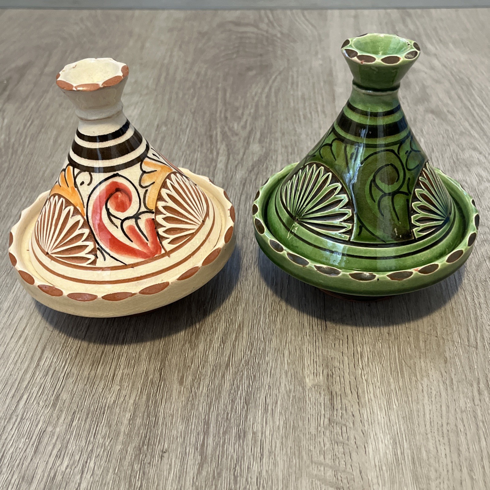 2 Mini Tagine Moroccan Spice Holder Ceramic Hand Painted 5” – Brown & Green