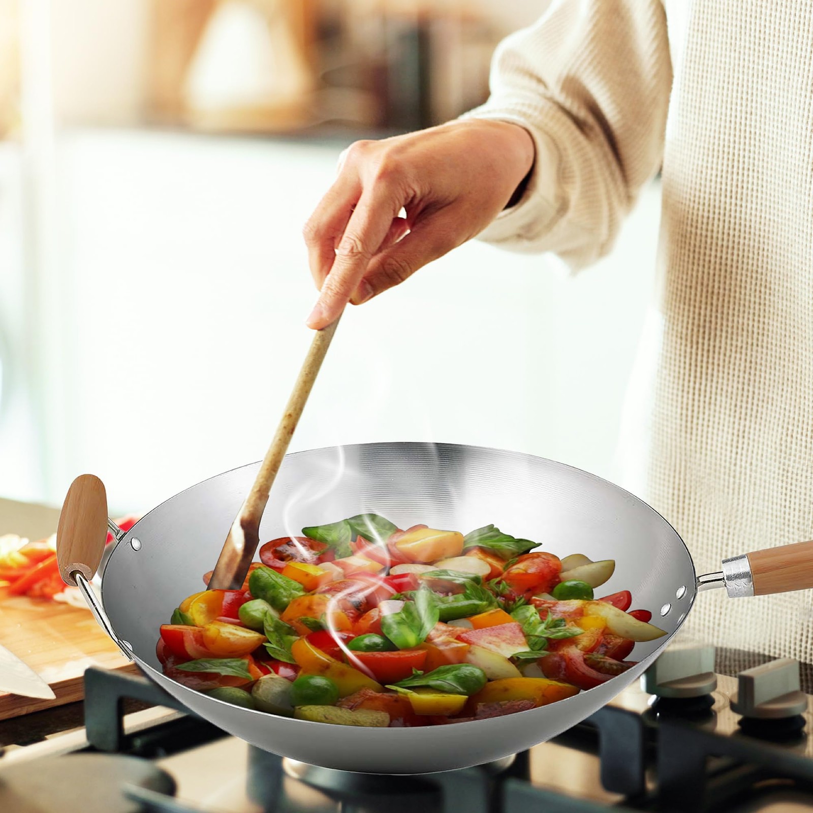 14-Inch Carbon Steel Wok with Bamboo Handle for Asian Cooking
