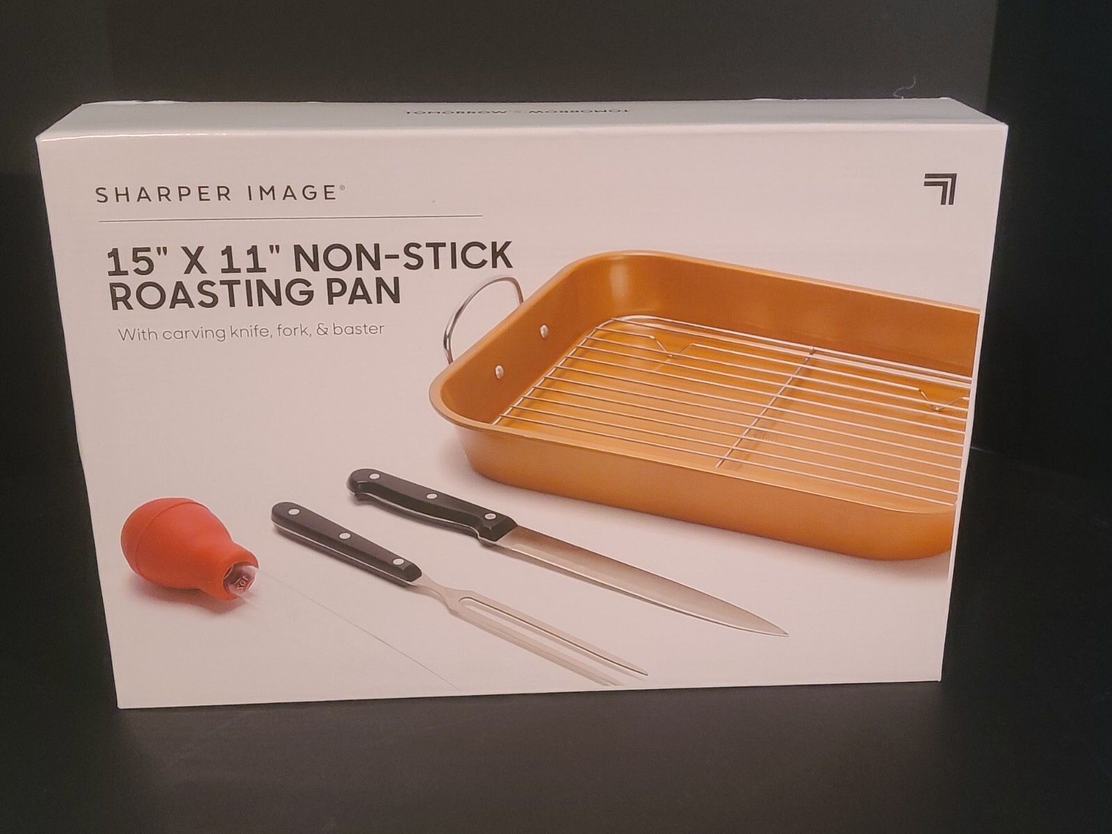 NEW IN BOX Sharper Image Nonstick Roasting Pan with Carving Knife Fork & Baster