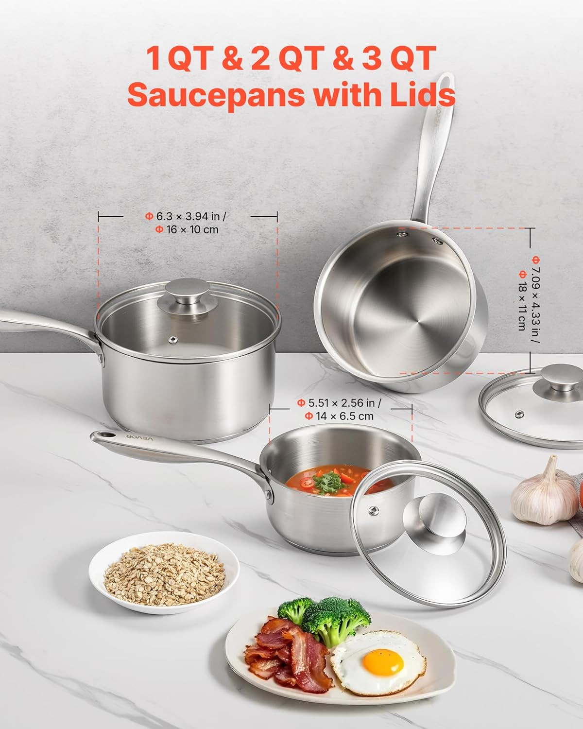 Stainless Steel Saucepan Set, 1 QT & 2 QT & 3 QT Saucepans with Glass Lids…