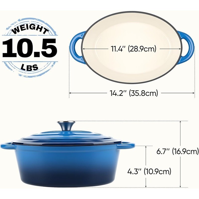 4.5 Quart Oval Non Stick Enameled Cast Iron Dutch Oven Pot with Lid Bread Baking