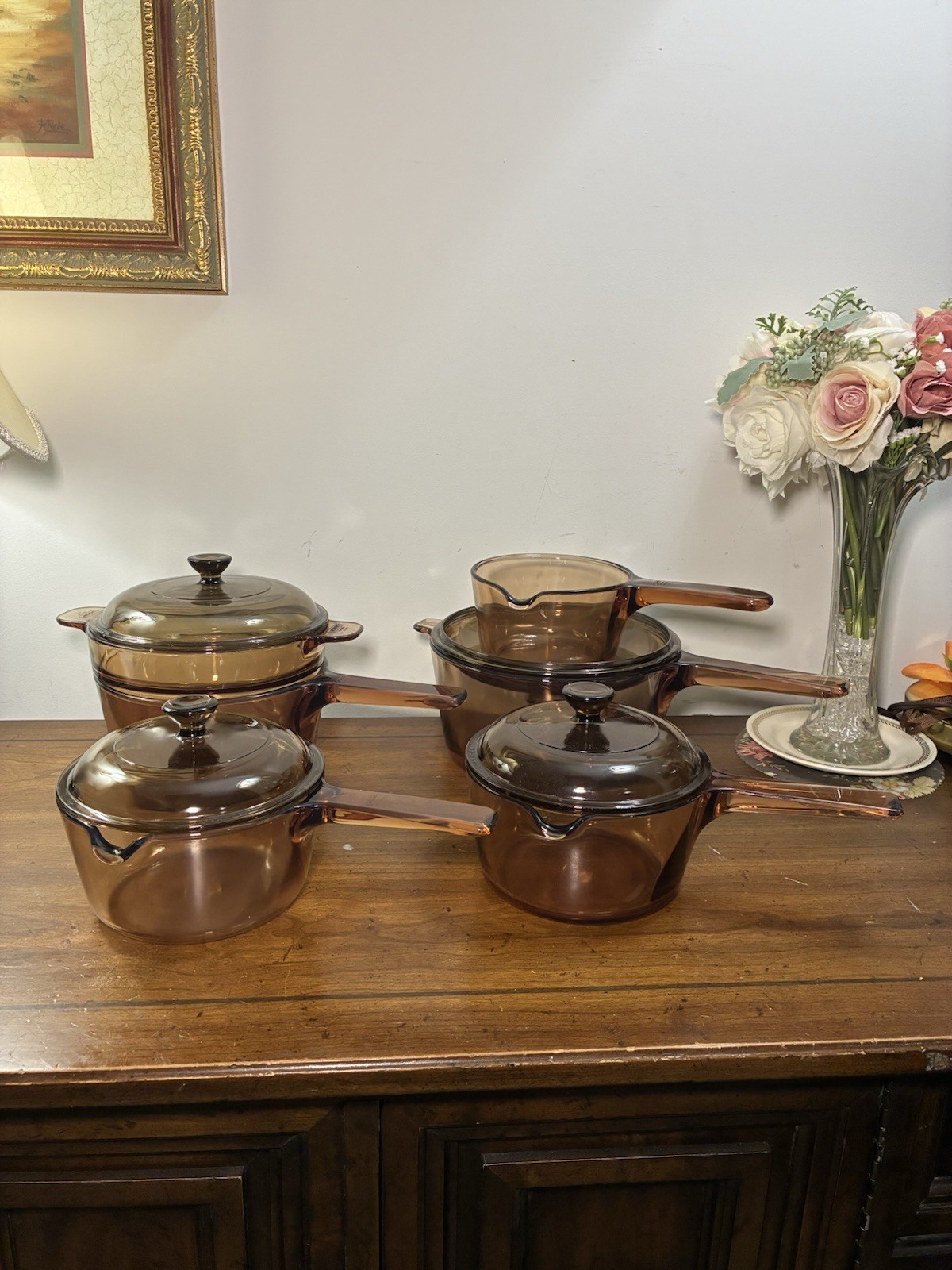 Vintage Corning Ware Amber Vision 10p 4 Sizes Sauce Pans Double Boiler USA