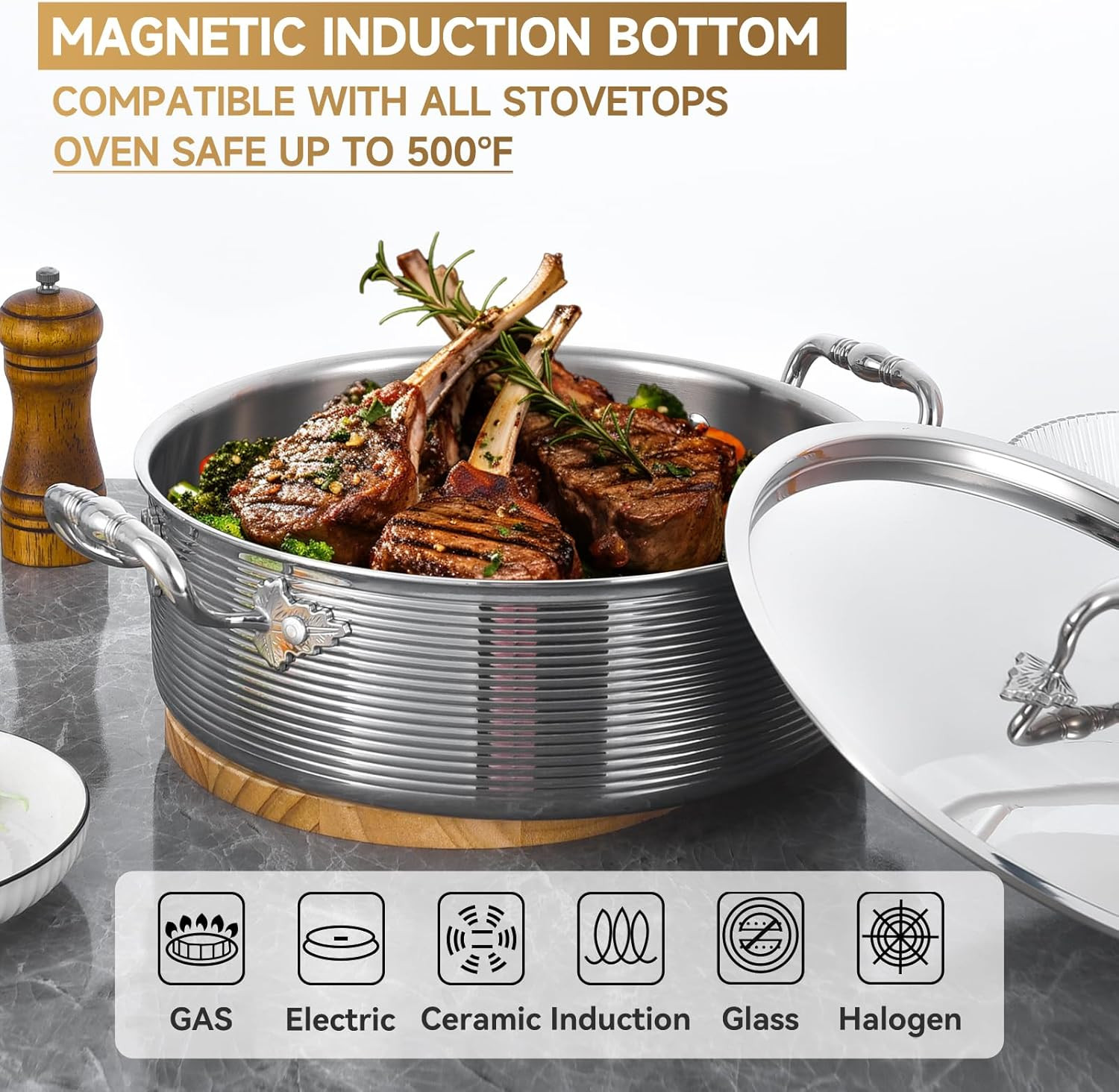 Tri-Ply Stainless Steel 7Qt Rondeau Pot with Lid, Induction & Oven Safe