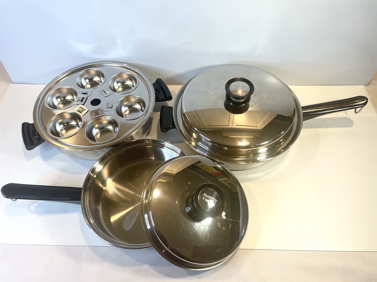 Amway Queen Multi Ply Stainless VTG Cook Set USA 3 Pots Pans Lids 6 Egg Poacher