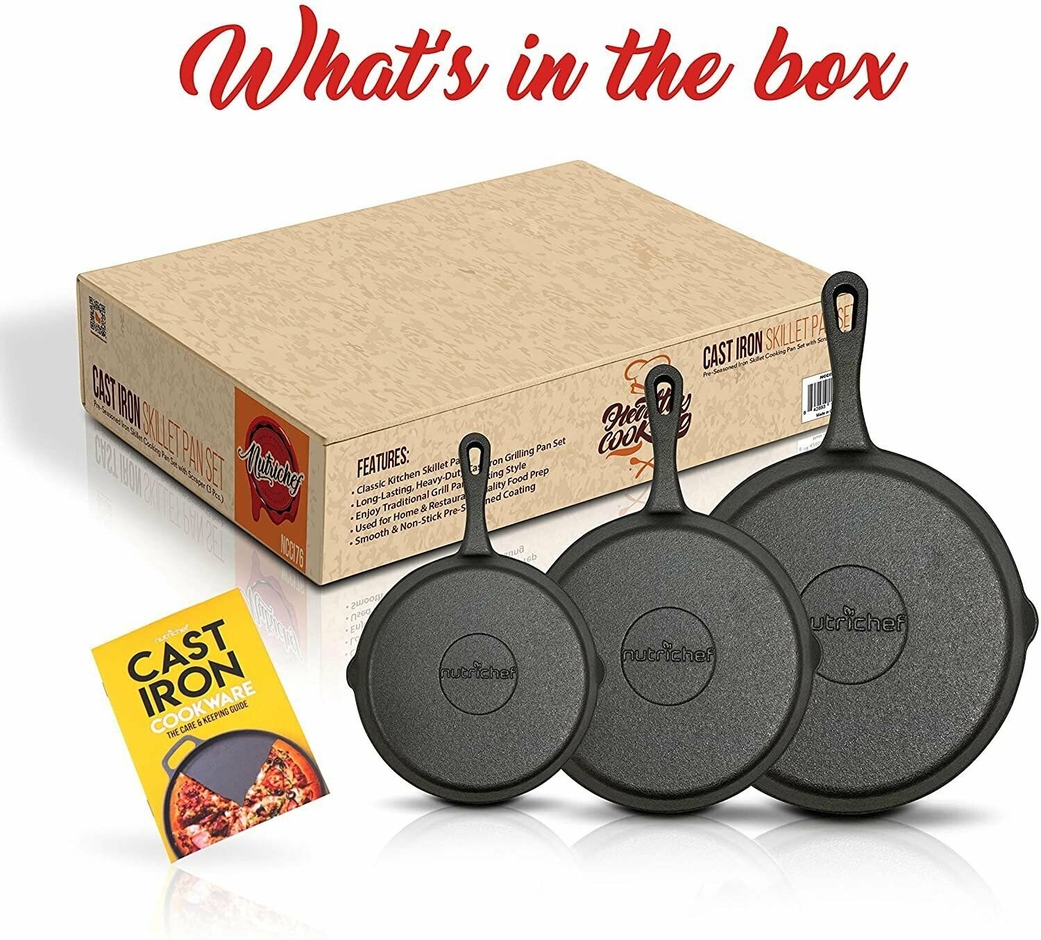 NutriChef 3-Piece Pre-Seasoned Cast Iron Skillet Set 6/8/10in Nonstick