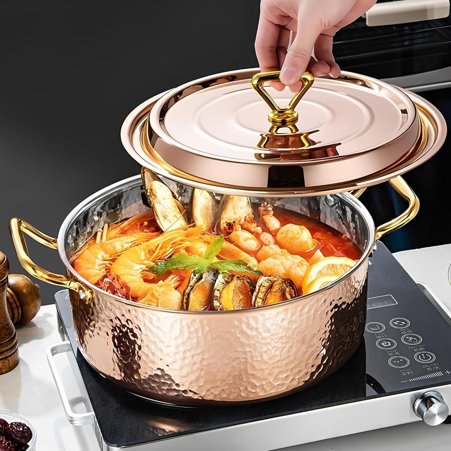 6.7QT Hmered Sto Pot with Lid, Copper Rose Gold, Tri-Ply Stainl