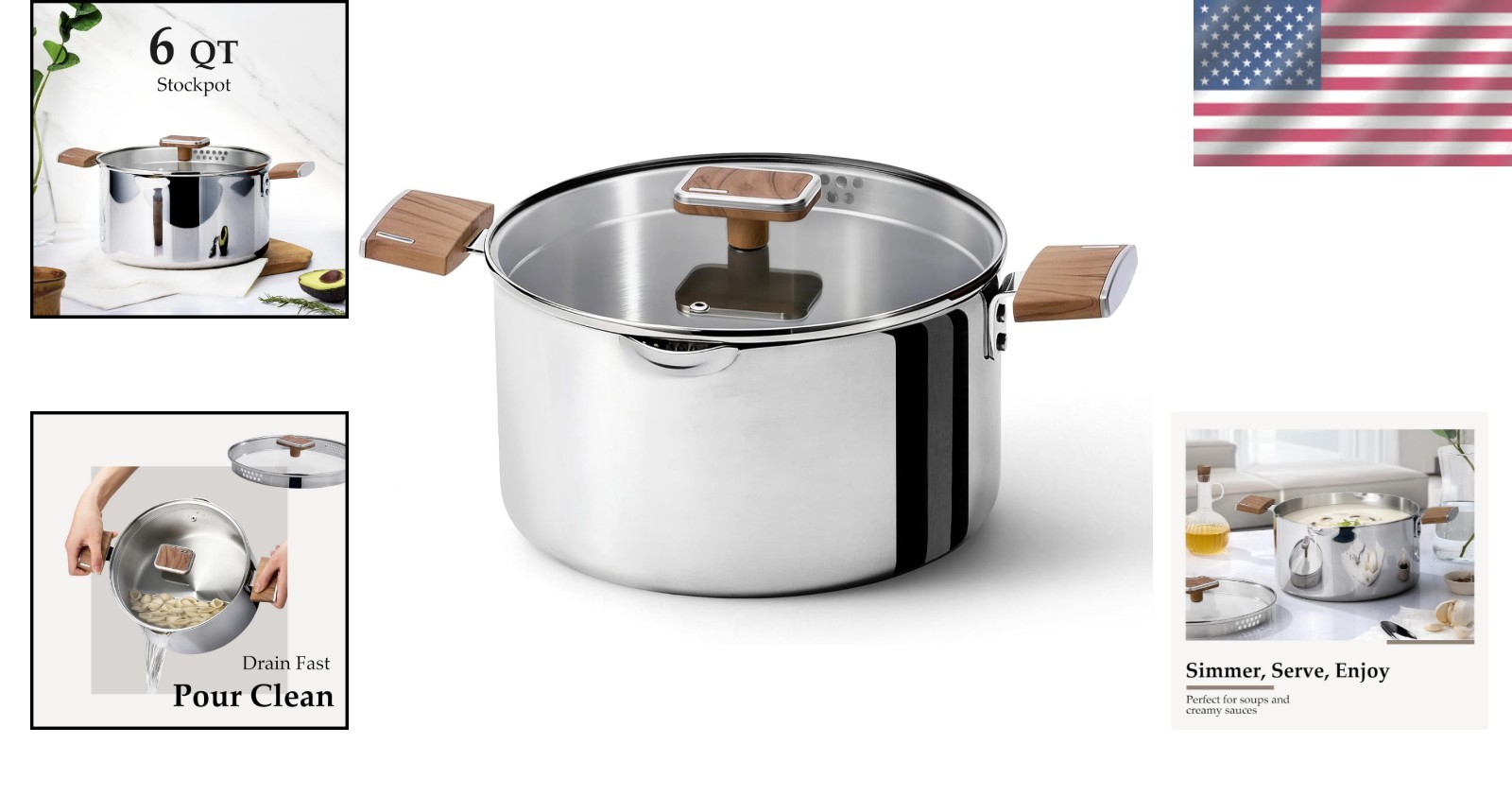 Stock Pot 6QT Stainless Steel Soup Pot with Glass Lid for Pasta Stew