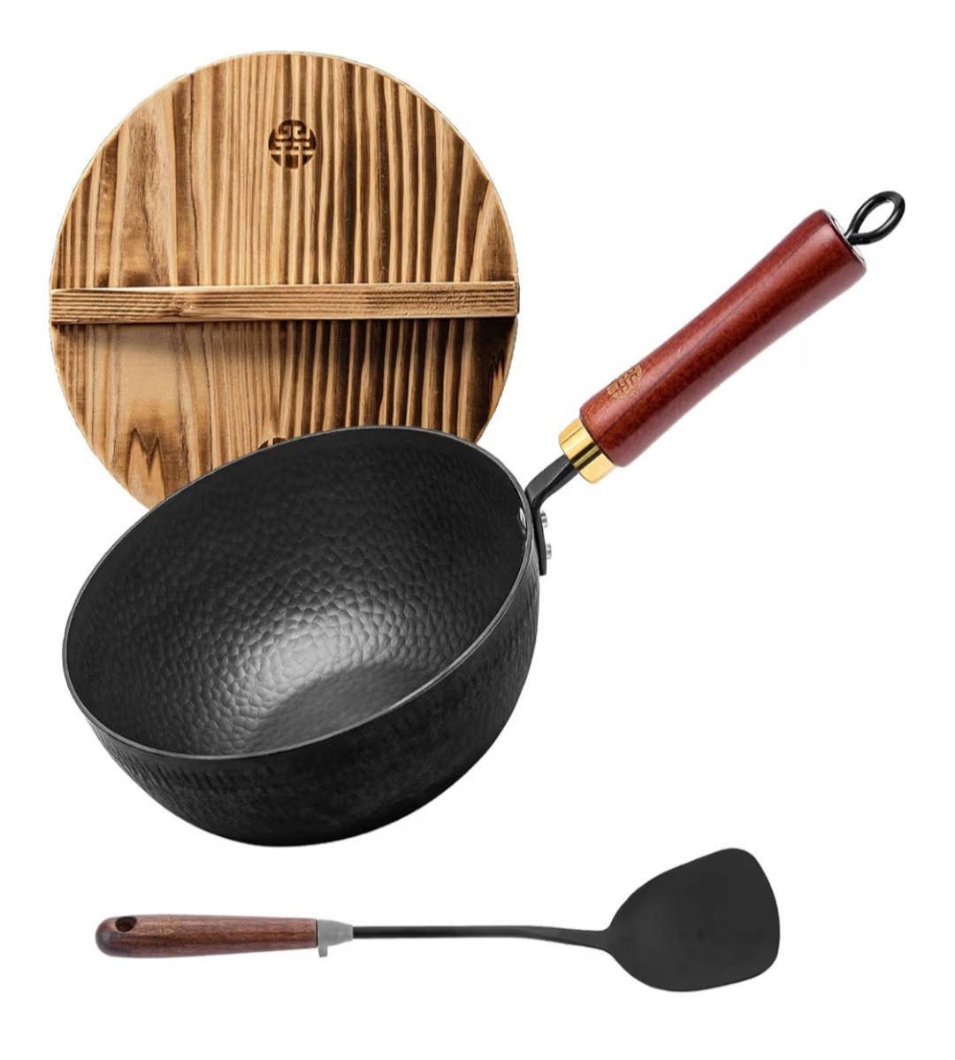 WANGYUANJI Iron Wok,Non-Coated 8.6-Inch Wrought Iron Wok with Lid and Spatula