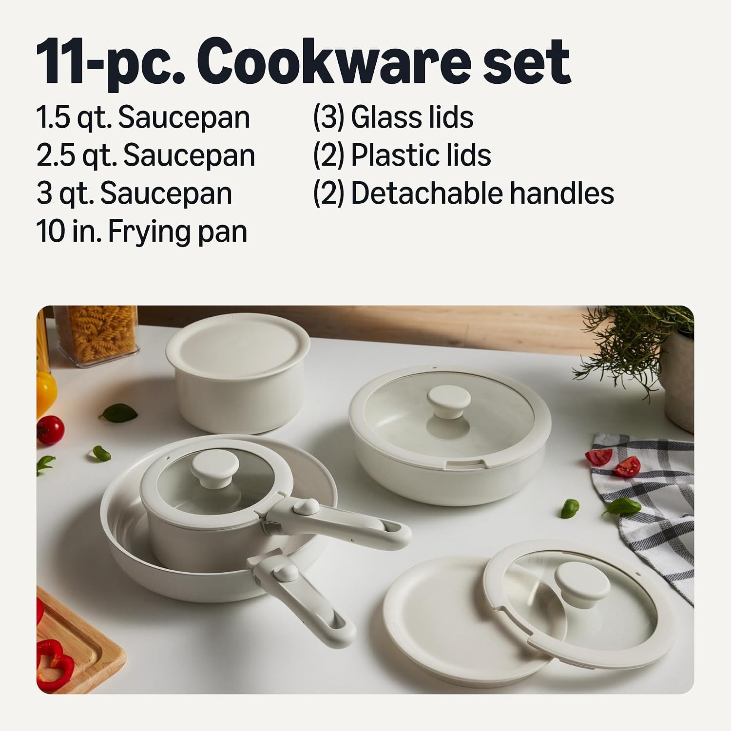 Amazon Basics 11-Pc Ceramic Nonstick Cookware Set, Detachable Handles