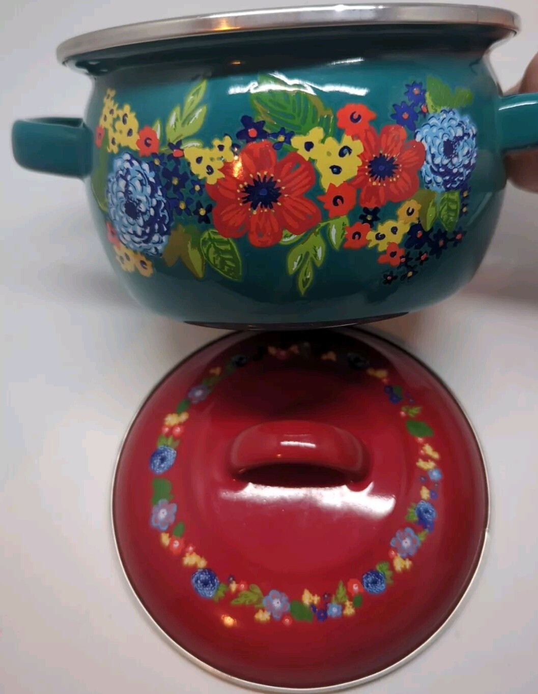 The Pioneer Woman Dazzling Dahlias 1 Qt. Enameled Steel Mini Dutch Oven Teal Red