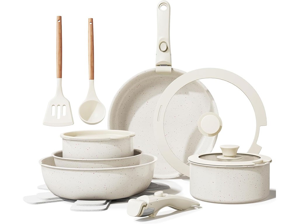 BAZOVA 17-PIECE NON-TOXIC DETACHABLE HANDLES NONSTICK COOKWARE SET CREAM WHITE