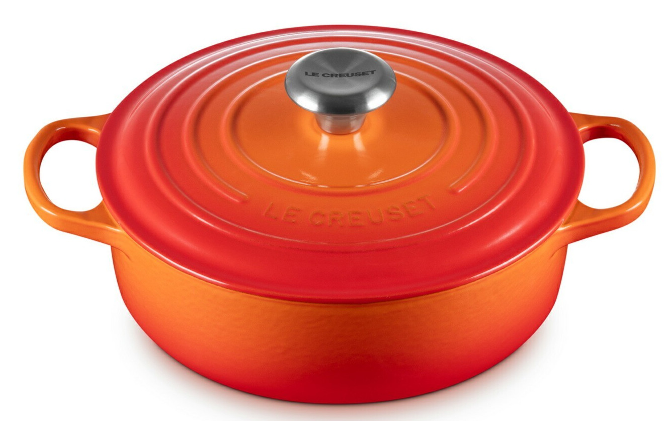 Le Creuset Cocotte Japonaise SUKIYAKI Cast Iron Pot 24cm Orange Silver Knob New