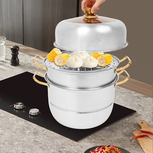 Steam Cooker, Stainless Steel Steam Cooker, 3-tier Steam Cooker Silver+Gold