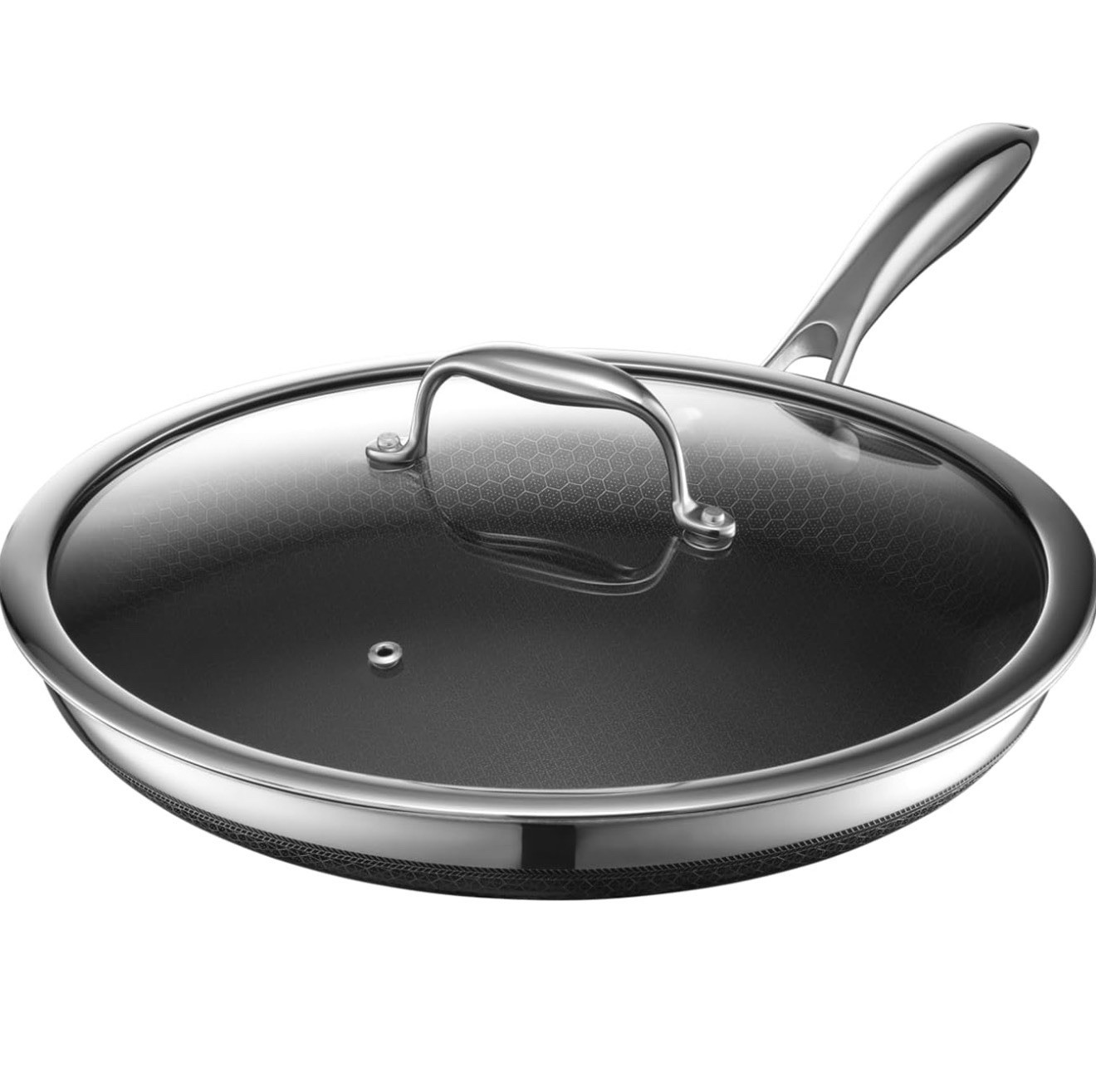 BRAND NEW HexClad Hybrid 12” Nonstick Frying Pan w Temper Glass Lid OPEN BOX