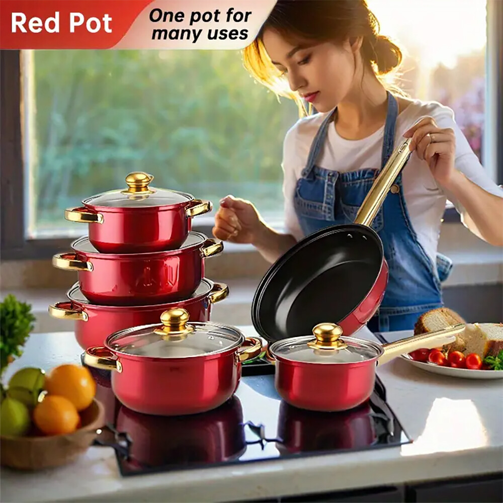 12 Piece Cookware Set Nonstick Pots and Pans Home Kitchen Cooking Non Stick Red