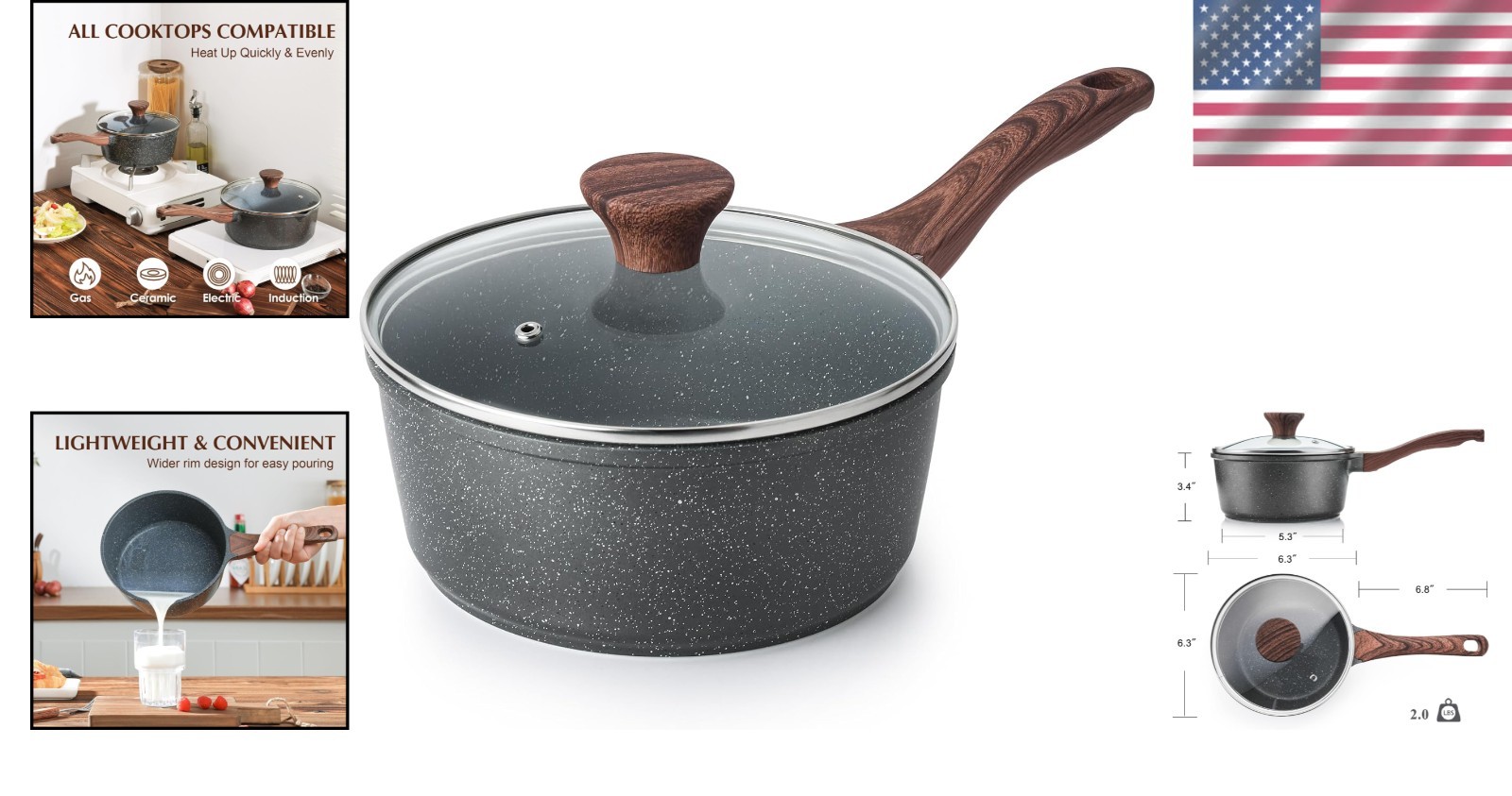 Safe and Stylish 1.5 Qt Nonstick Cooking Pot with Stay-Cool Handle & Lid