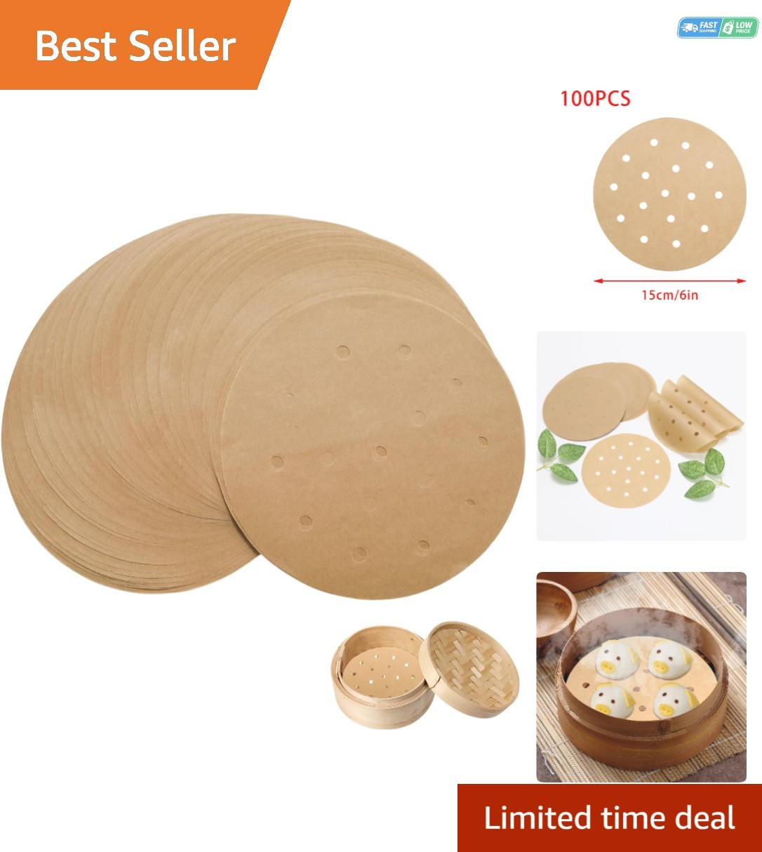 100 Count 6 Inch Eco-Conscious Bamboo Steamer Liners with Porous Design