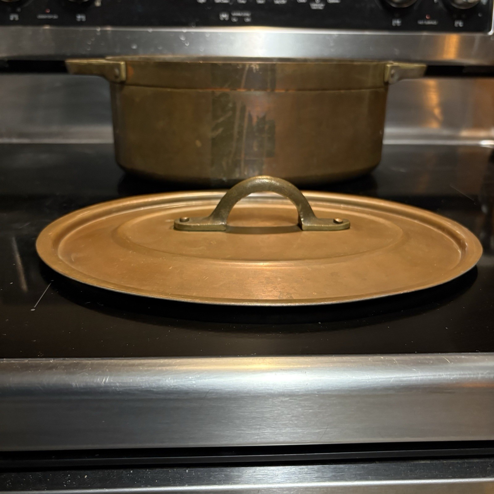 RARE 8lb Metaux Ouvres-Vesoul Copper Dutch Oven w Lid Heavy Cast Brass Handles