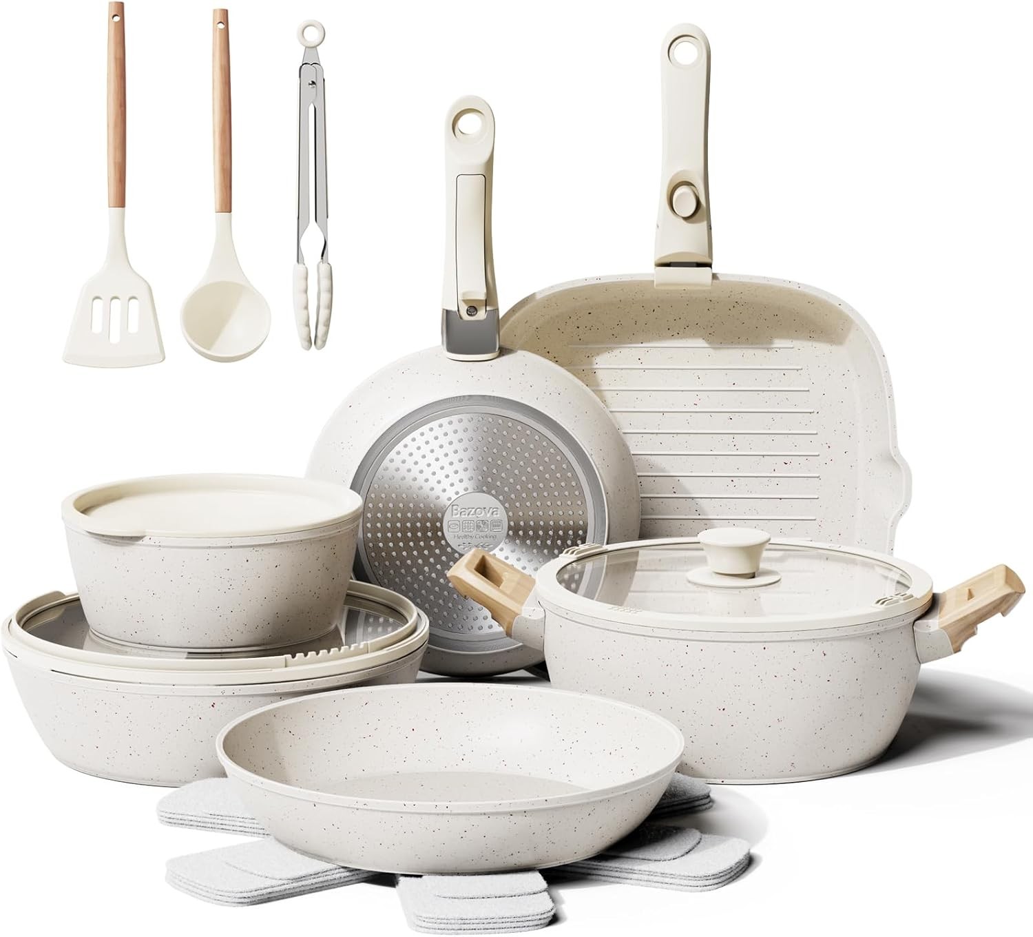 19Pcs Ceramic Nonstick Cookware Set with Removable Handles for Kitchen RV
